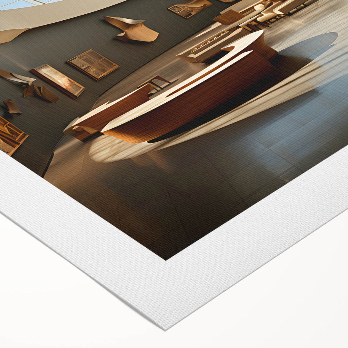 Art deco poster featuring geometric patterns and metallic gold accents on a rolled canvas, suitable for dining room decor.