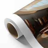 Art deco poster featuring a stylized architectural museum design in muted gold and navy tones on rolled canvas.