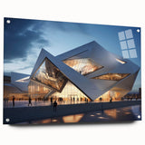 Large abstract wall art on acrylic glass depicting vibrant geometric shapes, ideal for modern bedroom or dining room decor.