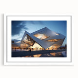 Abstract art print featuring geometric shapes in muted gray and blue tones on a white framed canvas.