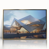 Large art print of a mid-century modernist museum design in acrylic, framed in gold, ideal for modern art wall decor.