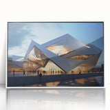 Art Deco poster featuring geometric shapes in muted gold and teal, acrylic framed, ideal for modern nursery wall art.