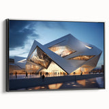 Black and white framed canvas featuring a landscape painting of vintage architecture, perfect for bedroom decor.