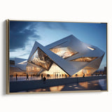 Framed canvas featuring a vintage poster art of a black and gold architectural museum design, suitable for bedroom decor.