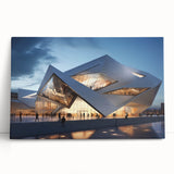 Black and white photo of an architectural museum on stretched canvas.