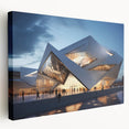 Large stretched canvas featuring a sharp photographic print of modern architectural museums, in monochrome tones.