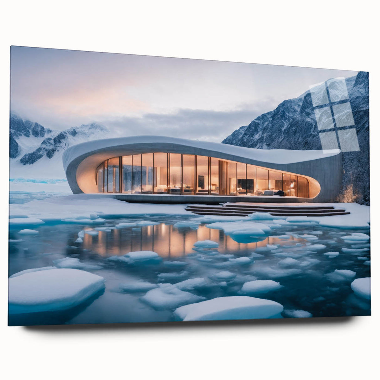 Large abstract wall art on acrylic glass depicting a blend of cool blue and gray tones.