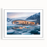 Abstract art print featuring swirling blue and gray patterns on a white framed canvas, ideal for modern dining room decor.