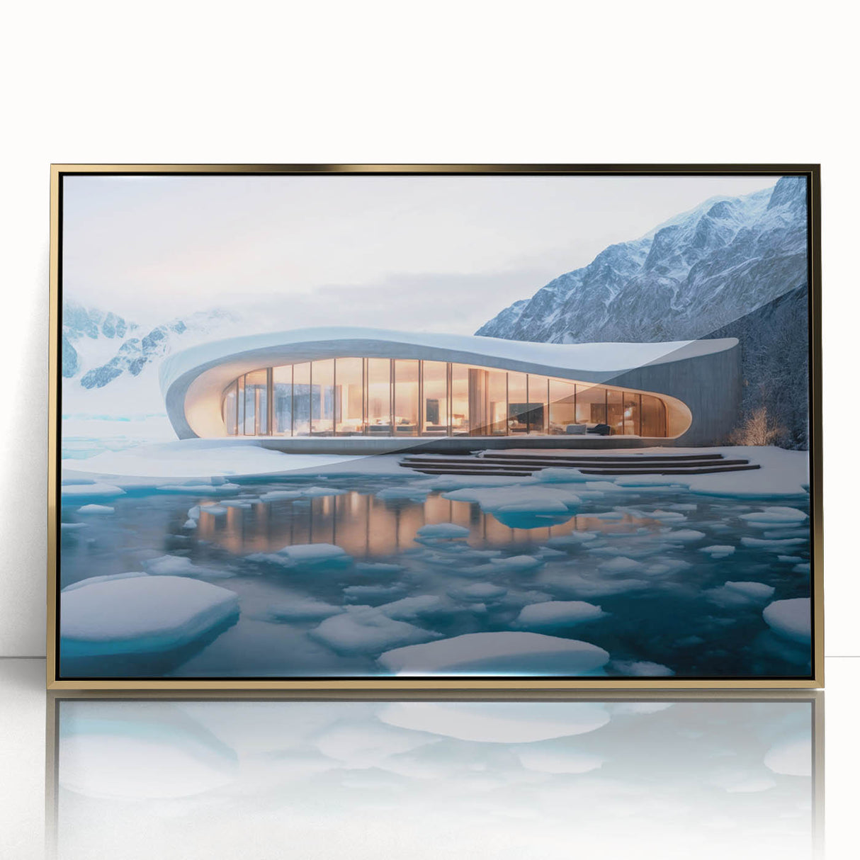 Large art print of a mid-century modernist architecture museum in gold tones on acrylic, ideal for modern art wall decor.