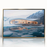 Large art print of a mid-century modernist architecture museum in gold tones on acrylic, ideal for modern art wall decor.