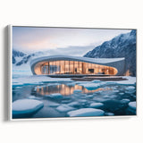 Vintage poster art of colorful architecture museums on extra large framed canvas, ideal for living room decor.