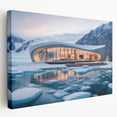Large canvas print of modern architecture with neutral gray tones, suited for kitchen wall art.