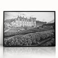 Large abstract wall art depicting a mid-century modernist palace design in black and white tones on framed acrylic.