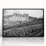 Large abstract wall art depicting a mid-century modernist palace design in black and white tones on framed acrylic.