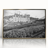 Mid-century modernist art of a palace in gold and white tones on a framed acrylic, suitable for nursery wall decor.