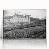 Mid-century modernist palace architecture in muted gray and blue tones on a large framed acrylic print.