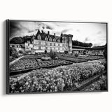 Black and white framed canvas featuring a vintage palace design in a minimalist style, suitable for bedroom wall art.