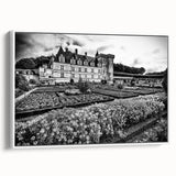 Framed canvas featuring a black and white vintage poster of a palace, ideal for bedroom wall art.