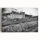 Black and white large art print of a palace architecture on stretched canvas, ideal for kitchen wall art.