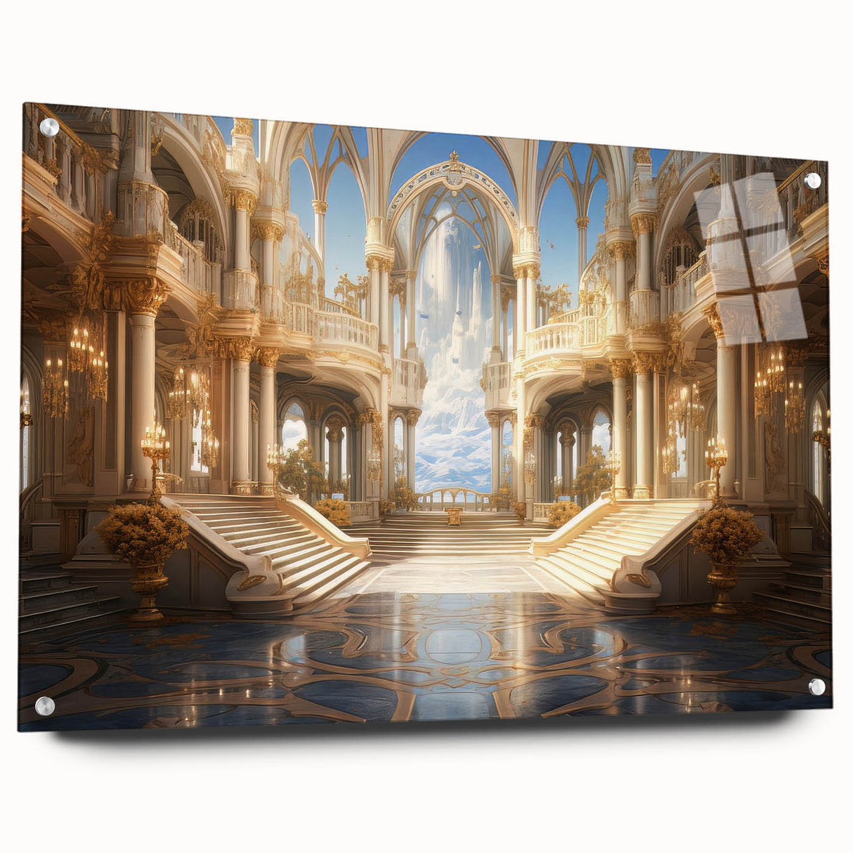 Large abstract wall art on acrylic glass depicting a modern architectural palace in muted gray tones.