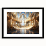 Extra large abstract art print featuring a colorful, textured depiction of a palace, on a black framed canvas.