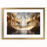 Textured abstract art print featuring a palace design in gold and beige tones, framed with a mat, suitable for bedroom decor.