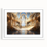 Extra large abstract art print of a palace, in muted earth tones on a white framed canvas, ideal for living room decor.