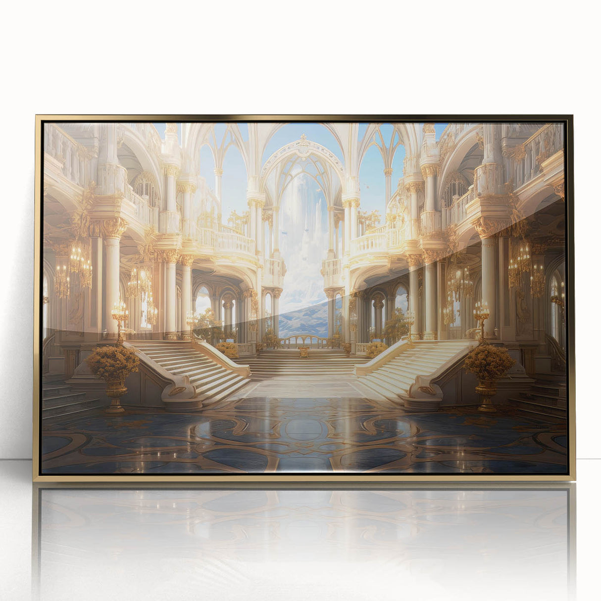 Mid-century modernist art of a gold-accented palace, in a framed acrylic, ideal for nursery wall decor.