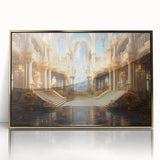Mid-century modernist art of a gold-accented palace, in a framed acrylic, ideal for nursery wall decor.
