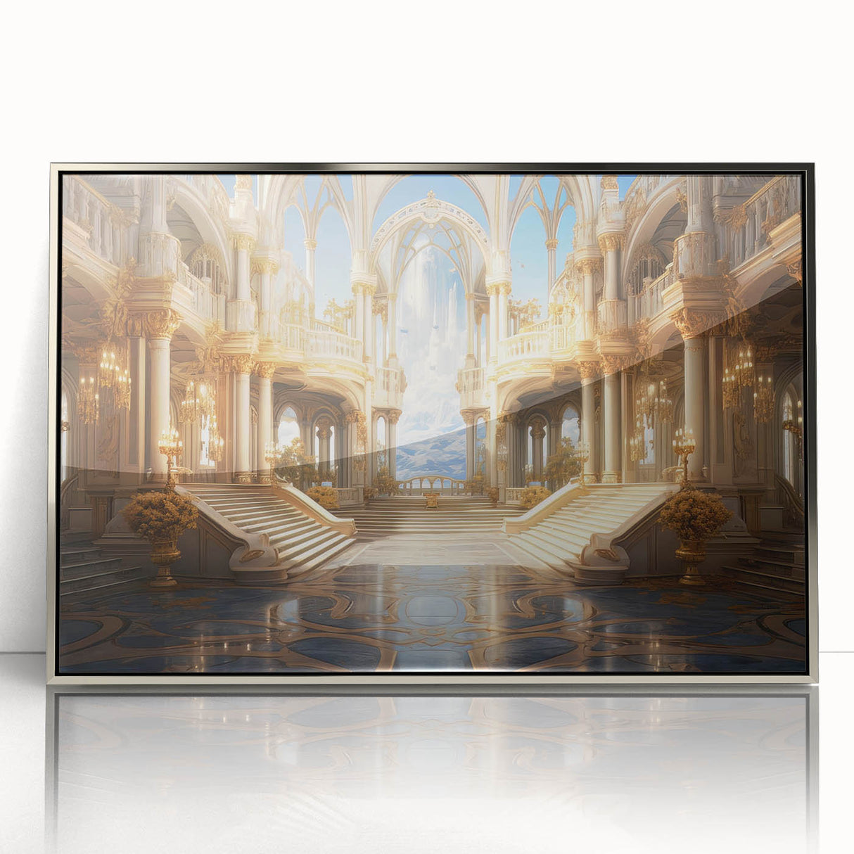 Art deco poster of a palace, in silver and gray tones on framed acrylic, suitable for modern art wall decor or nursery.