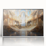 Large acrylic print of a mid-century modernist palace design in muted tones, ideal for modern art wall decor.