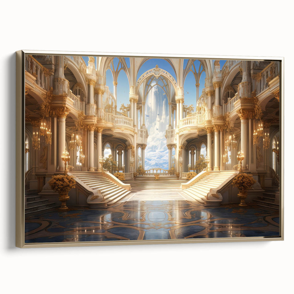 Framed canvas of a vintage-style palace landscape in muted gold and black tones, ideal for office decor.