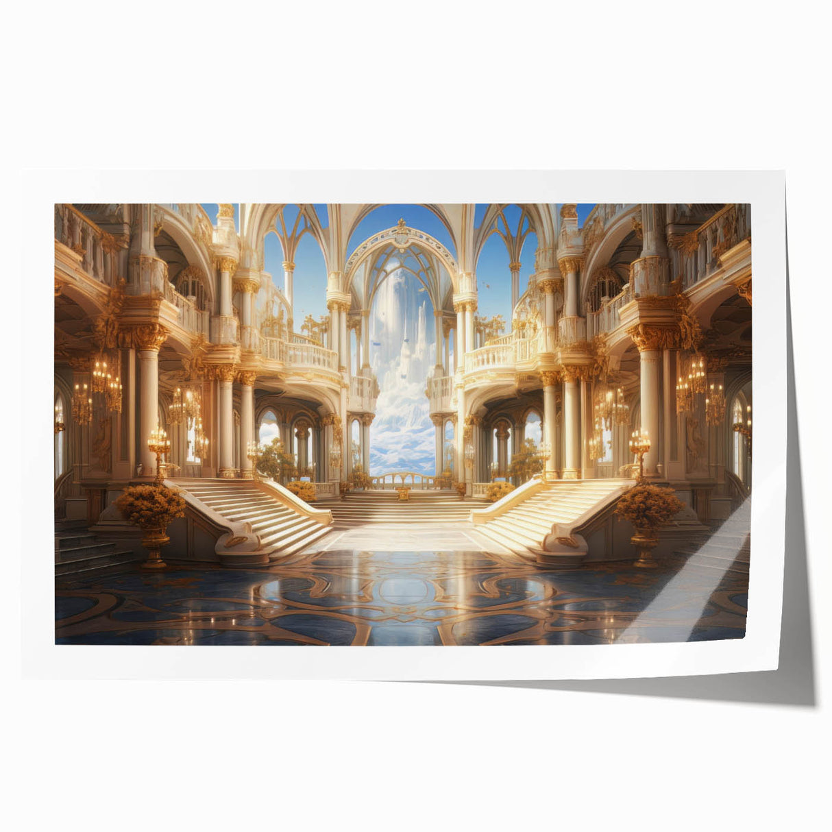 Extra large rolled print of a palace architecture design with detailed floral elements, ideal for art wall dining room.