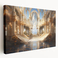 Side view of a large stretched canvas featuring a detailed palace architecture design in muted earth tones.