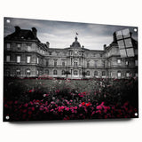 Large abstract wall art on acrylic glass depicting a modern palace design in monochrome tones.