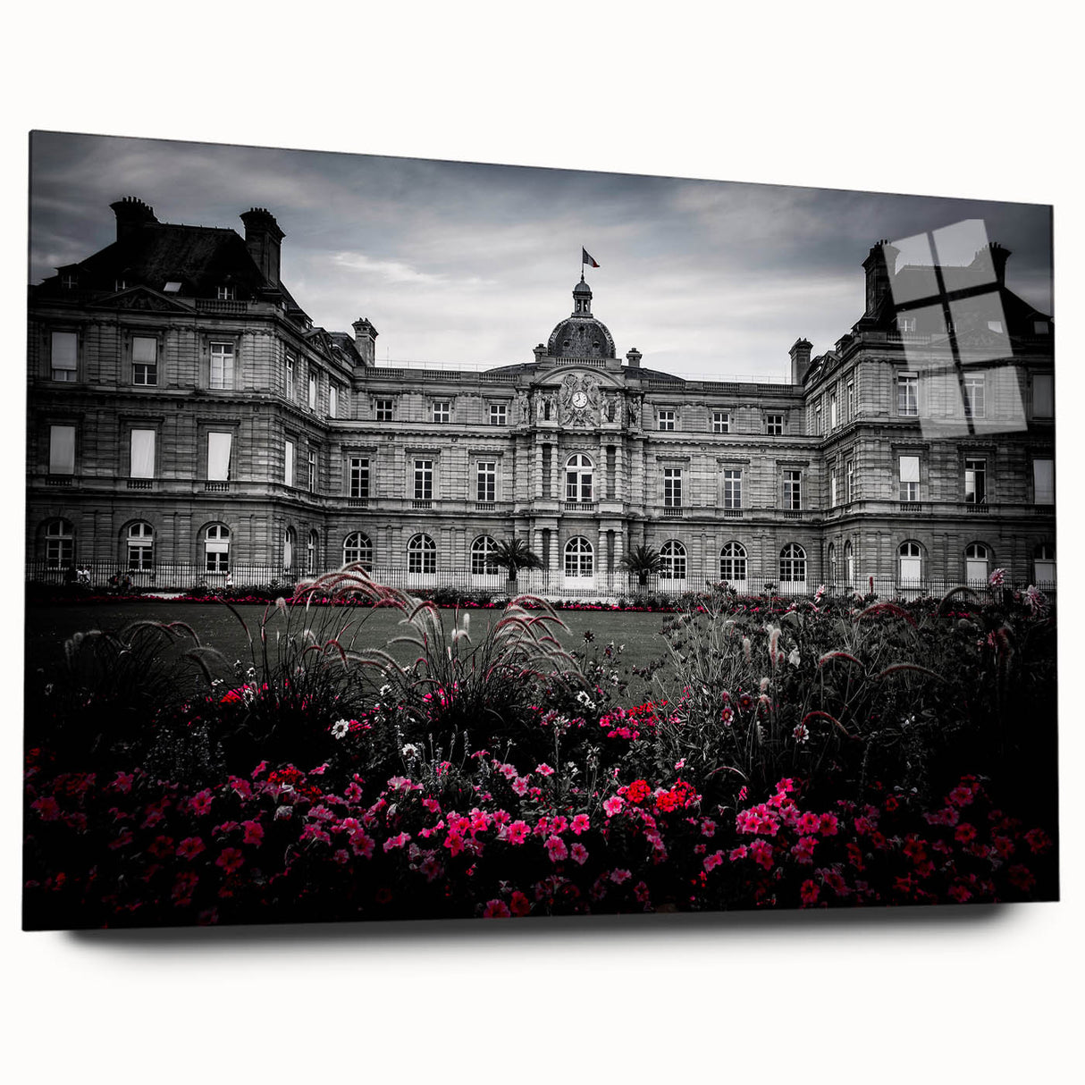 Large abstract wall art on acrylic glass depicting a stylized palace, in muted earth tones.