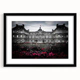 Extra large abstract art print featuring a colorful, textured depiction of a palace, framed in black.