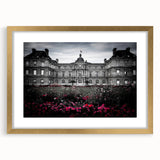 Textured abstract art print of an architectural palace design in gold tones on a framed mat, ideal for bedroom art.