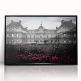 Large abstract wall art featuring mid-century modernist architectural palace design in muted gray and black tones.