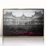 Mid-century modernist palace design in gold and white on a framed acrylic, ideal for nursery wall art.