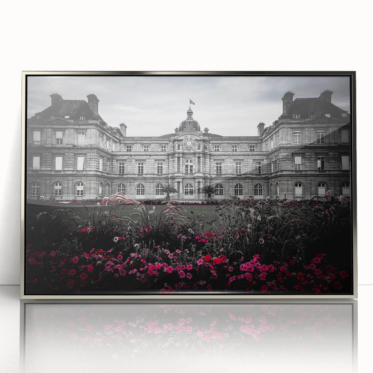 Art Deco style palace architecture rendered in silver tones on a framed acrylic, suitable for modern art wall decor.