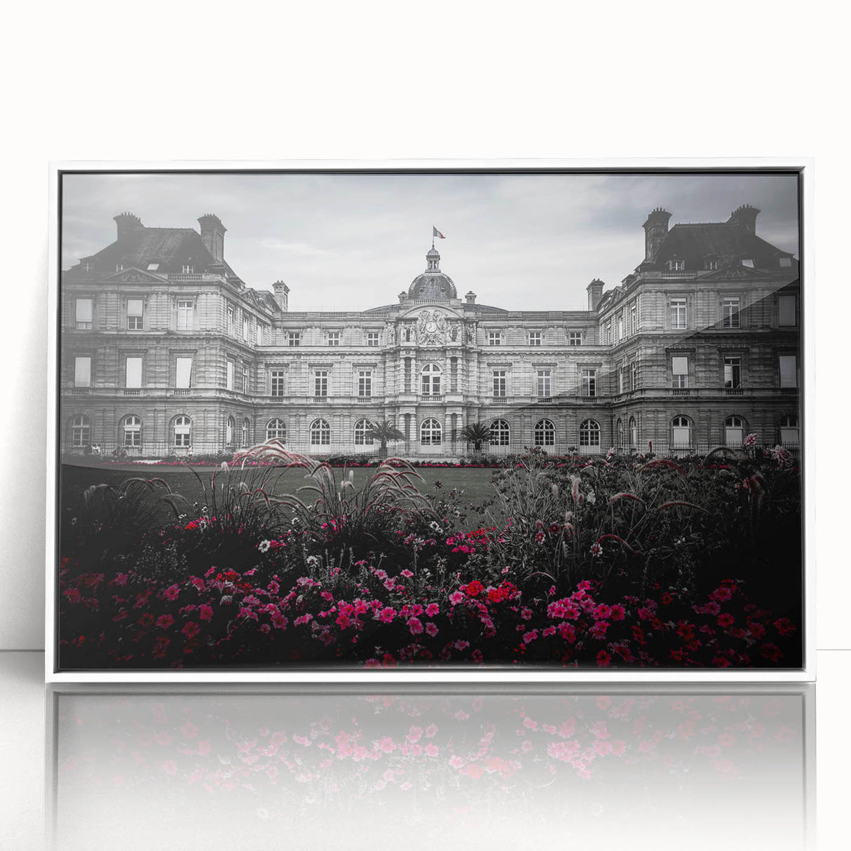 Mid-century modernist palace design in white and beige tones on a framed acrylic, suitable for modern art wall decor.