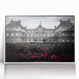 Mid-century modernist palace design in white and beige tones on a framed acrylic, suitable for modern art wall decor.