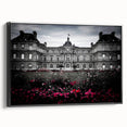 Black and white vintage poster art of a palace, framed canvas, ideal for bedroom wall decor.