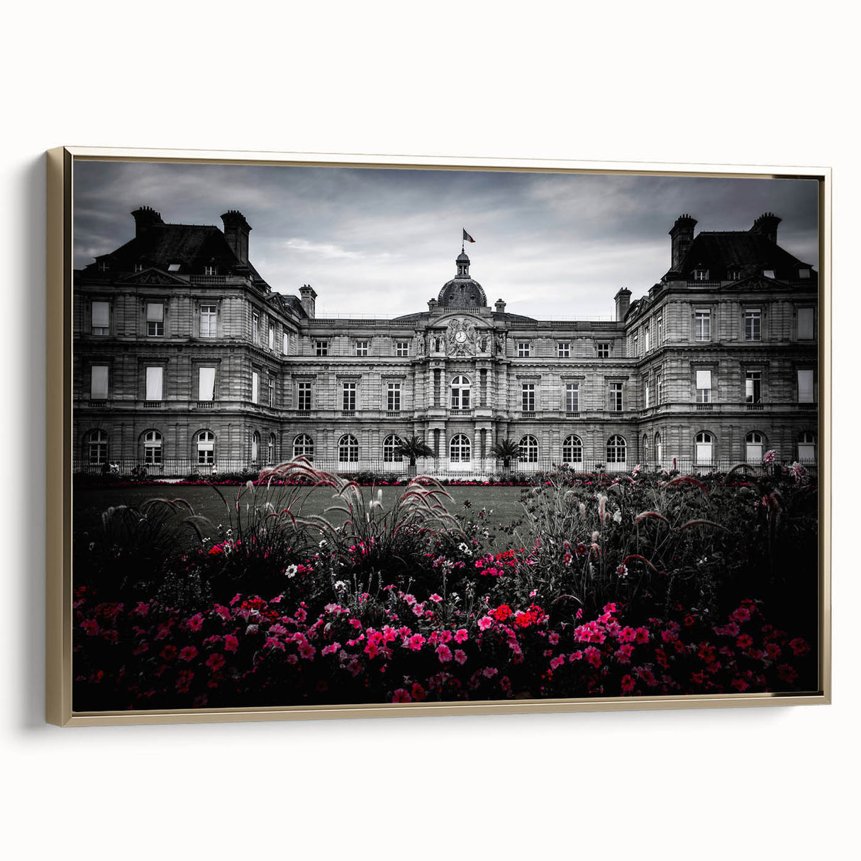 Framed canvas featuring a vintage palace design in muted gold and black tones.