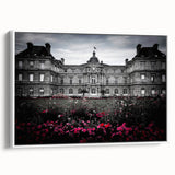 Framed canvas of a vintage black and white palace design, ideal for bedroom wall decor.