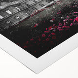 Art deco poster of a palace in muted gold and navy hues on rolled canvas, suitable for dining room wall art.