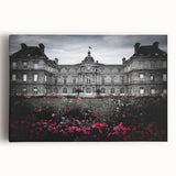 Black and white photograph of a grand palace on stretched canvas, ideal for kitchen wall art.