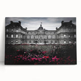 Large black and white photo of a palace architecture on stretched canvas, suitable as kitchen wall art or for bedroom.