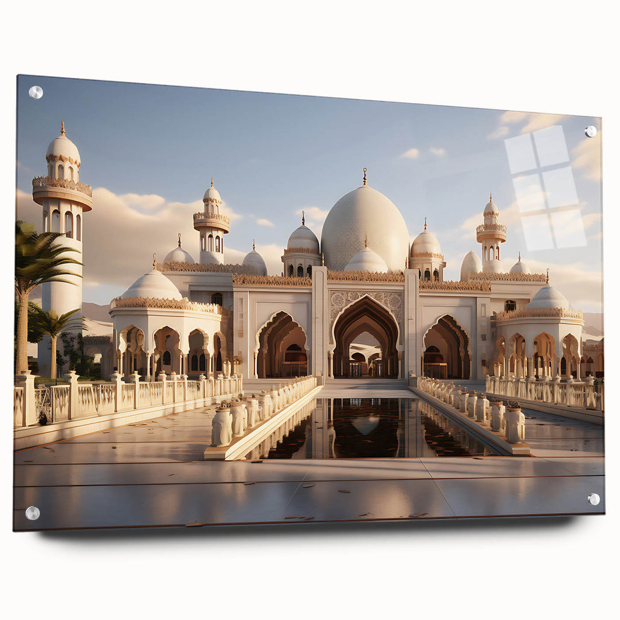 Large abstract wall art on acrylic glass depicting a palace design in muted earth tones.